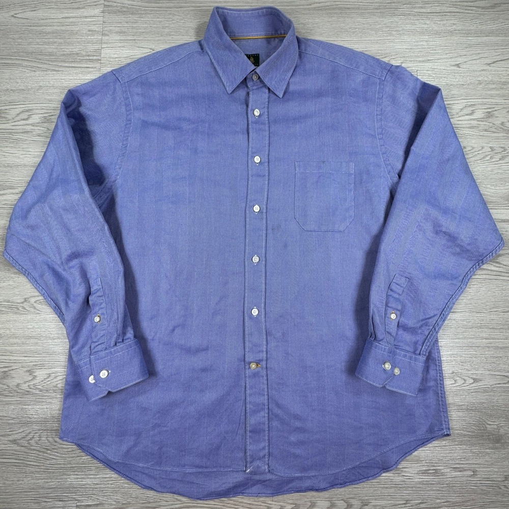 Robert Talbott Men's Button Down Shirt Blue Herringbone Stripe Large Long Sleeve